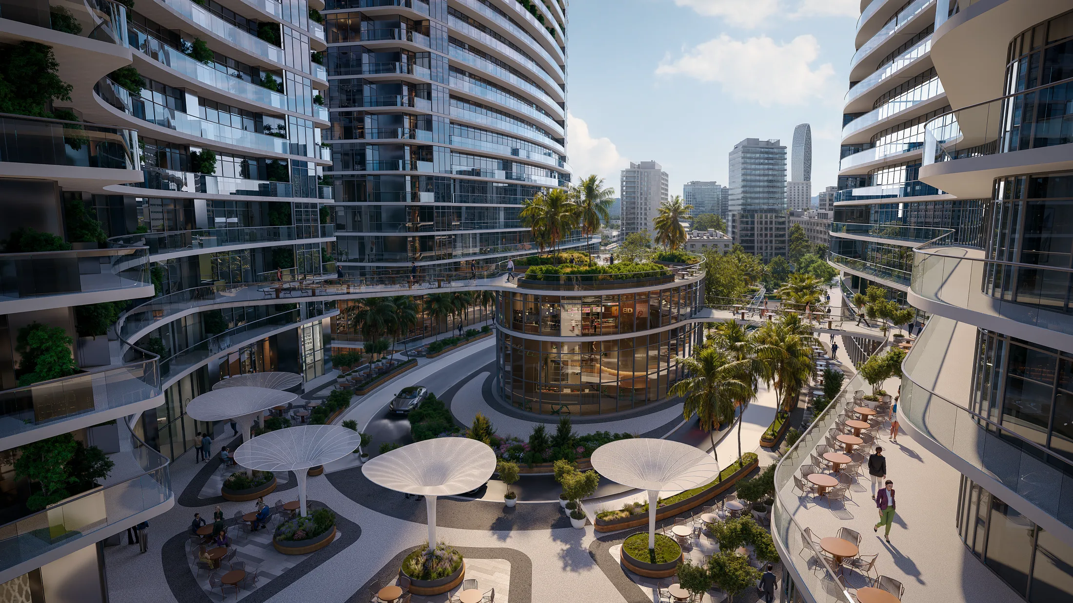 The garden circle at the centre of the OPUS Signature podium — a glass pavilion caf&eacute;, sculptural canopies and terraces between the towers